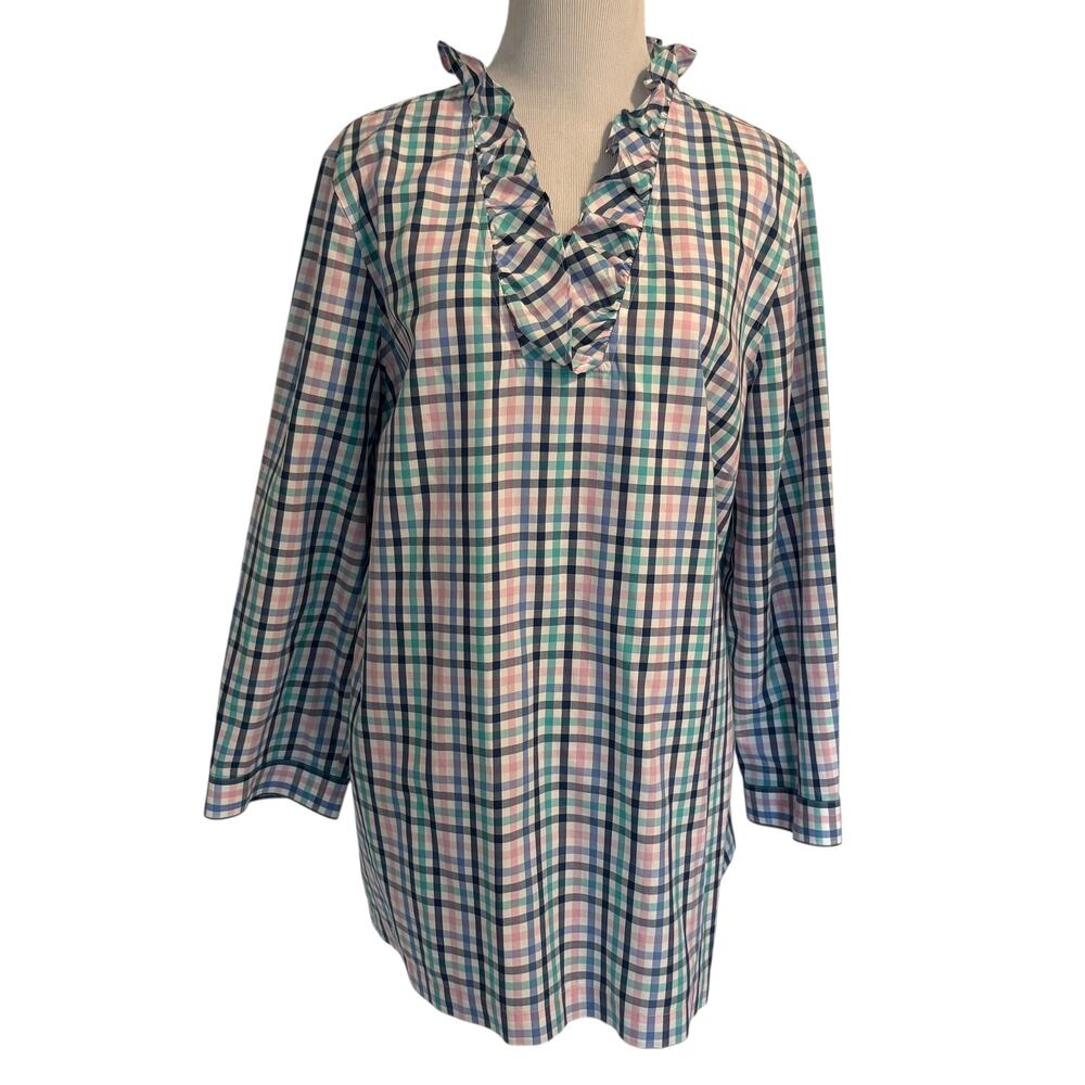 Talbots Gingham Ruffle Neck Popover Top Womens Size 14 Multicolor Plaid Blouse